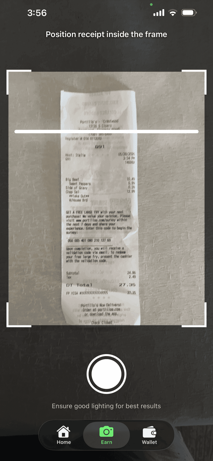 Receipt scanner framing a receipt inside the app