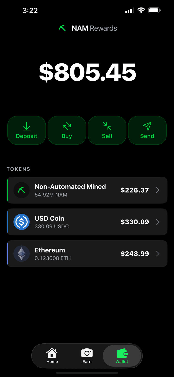 In-app crypto wallet with NAM, USDC and ETH balances